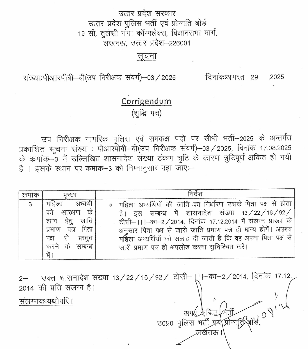 उप निरीक्षक नागरिक पुलिस एवं समकक्ष पदों पर सीधी भर्ती-2025 के अन्तर्गत प्रकाशित सूचना संख्या: पीआरपीबी-बी (उप निरीक्षक संवर्ग) - 03/2025, दिनांक 17.08.2025 के क्रमांक-3 में उल्लिखित शासनादेश संख्या टंकण त्रुटि के कारण त्रुटिपूर्ण अंकित हो गयी है । इसके स्थान पर क्रमांक-3 में