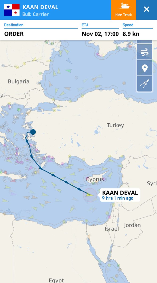 Megatron_ron's tweet image. NEW:

🇹🇷🇮🇱 Despite Turkey announcing today that it has suspended all trade with Israel Turkish ships continue to supply Israel

Turkish-owned Bulk Carrier KAAN DEVAL from Aliaga en route to Haifa  with a 'fake route plan' to avoid drawing attention.

Obviously Erdogan continues…