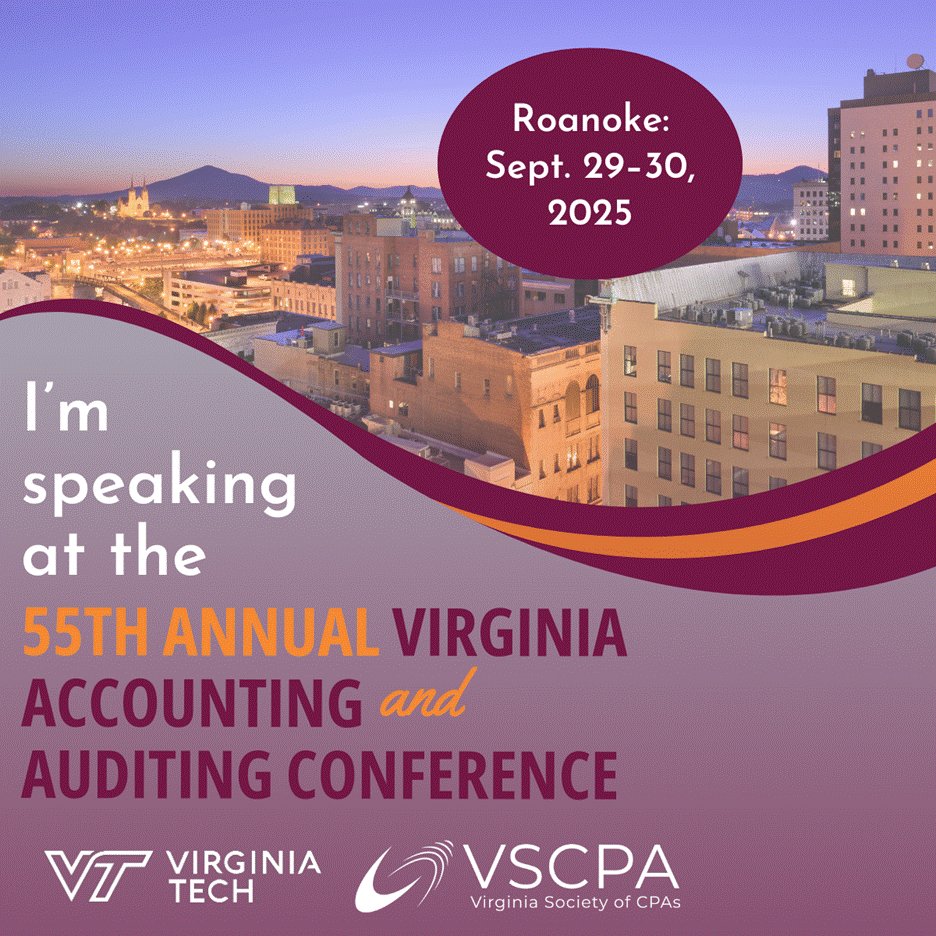 I'm thrilled to be a speaker at the upcoming 55th Annual Virginia Accounting &amp; Auditing Conference in beautiful Roanoke, Virginia!

Join me Sept. 29-30. For details and to register, visit vscpa.com/Conferences.

#VSCPA #VTACIS #AccountingAndAuditingConference #AA2025 #Roanoke