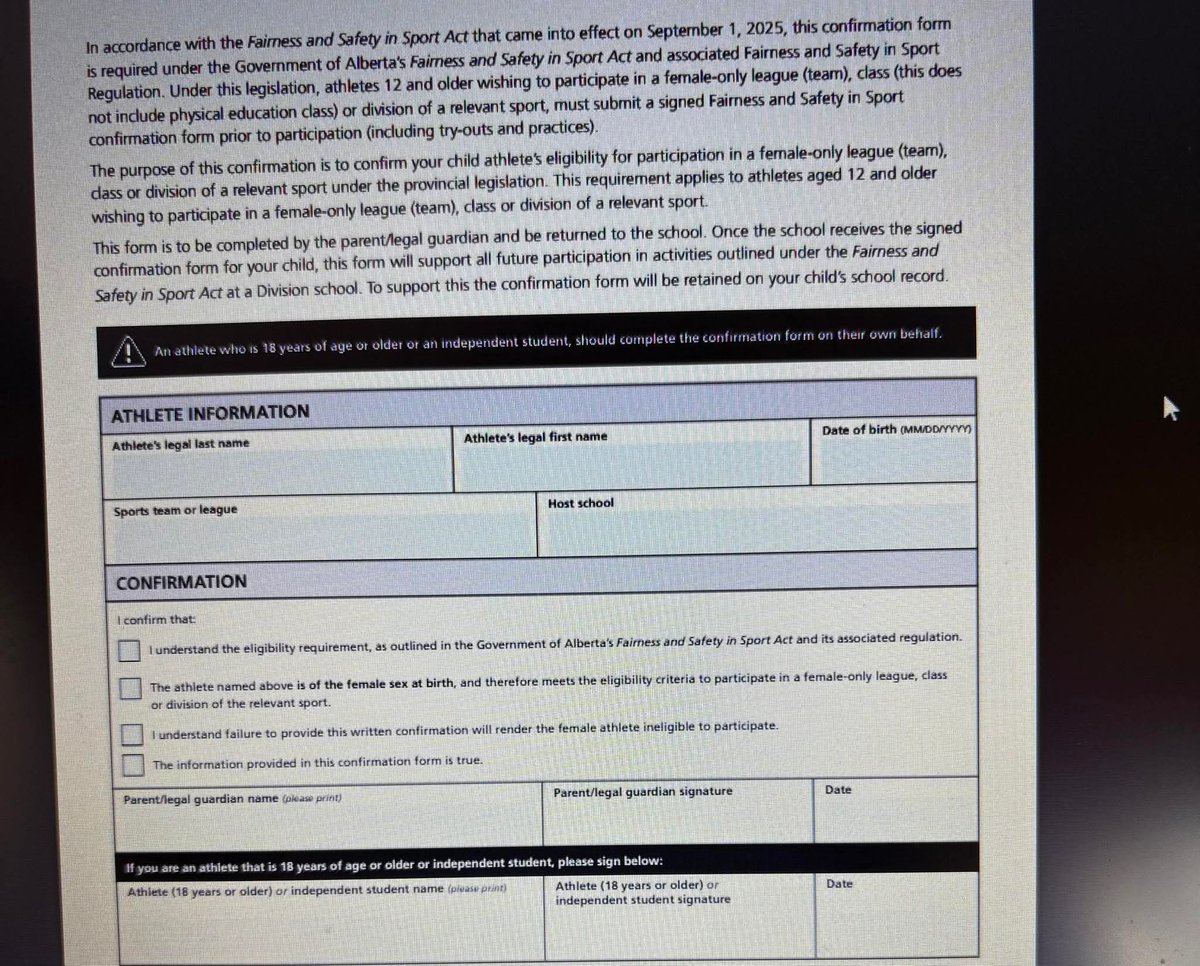 If a 12-17 year old girl in Alberta wants to play on any sports team, she needs parent/guardian to confirm she was female at birth or she can’t play. Seems like a violation of human rights.
#NaziAlberta 
#UCPCorruption 
#DanielleSmithIsUnfitToLead