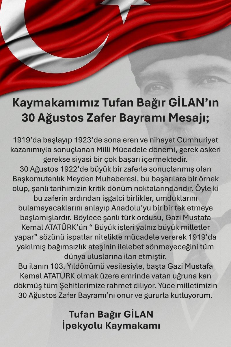 Kaymakamımız Tufan Bağır GİLAN’ın 30 Ağustos Zafer Bayramı Mesajı;

<a href="/tufangilan/">Tufan Bağır GİLAN</a>