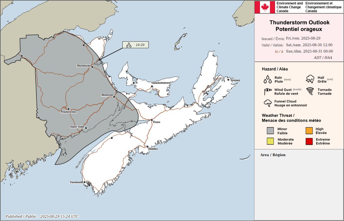 ECCCWeatherNB's tweet image. ⛈️ Thunderstorm Outlooks valid for Today, Tonight and Tomorrow. #NBstorm