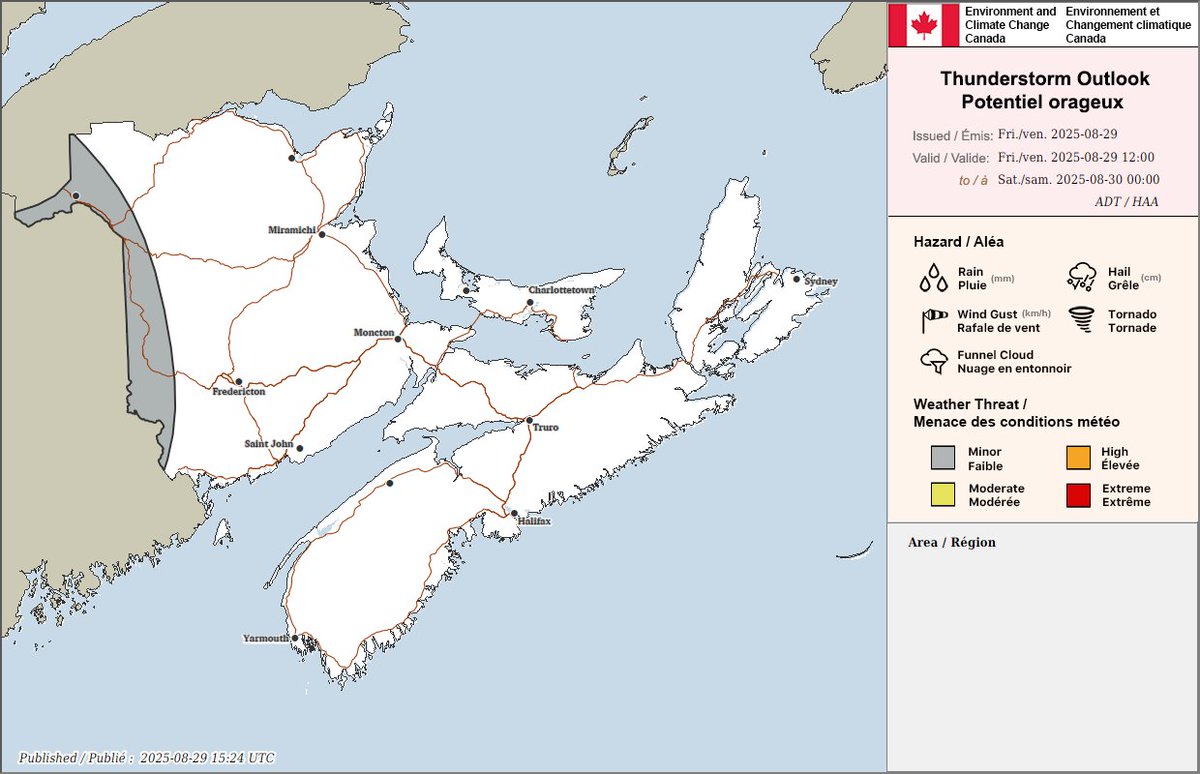 ECCCWeatherNB's tweet image. ⛈️ Thunderstorm Outlooks valid for Today, Tonight and Tomorrow. #NBstorm
