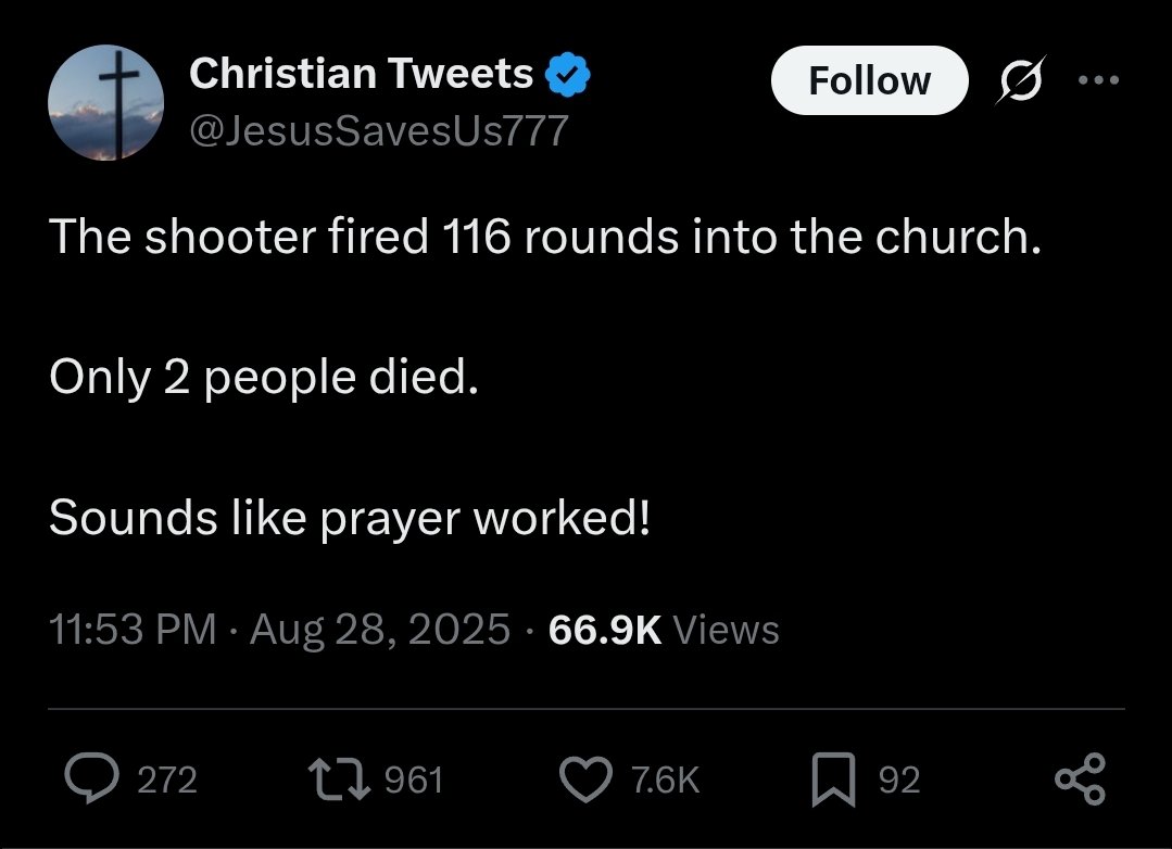 Imagine being so desperate to defend prayer that 2 corpses is "good news."