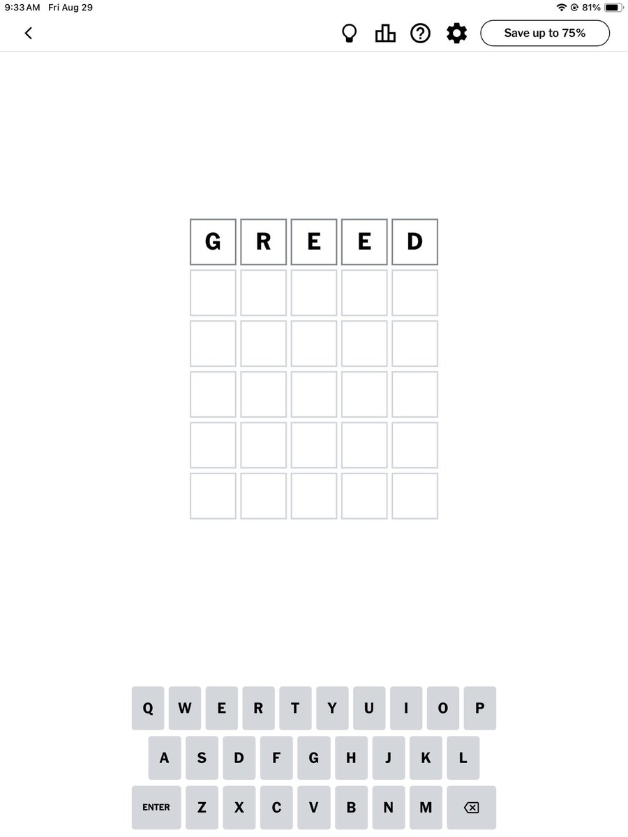 So <a href="/NYTGames/">New York Times Games</a> wants to charge for access. Ok, let’s see. There’s a sale, then the regular price. Hmm, how much could they ask? I think my starting Wordle says it