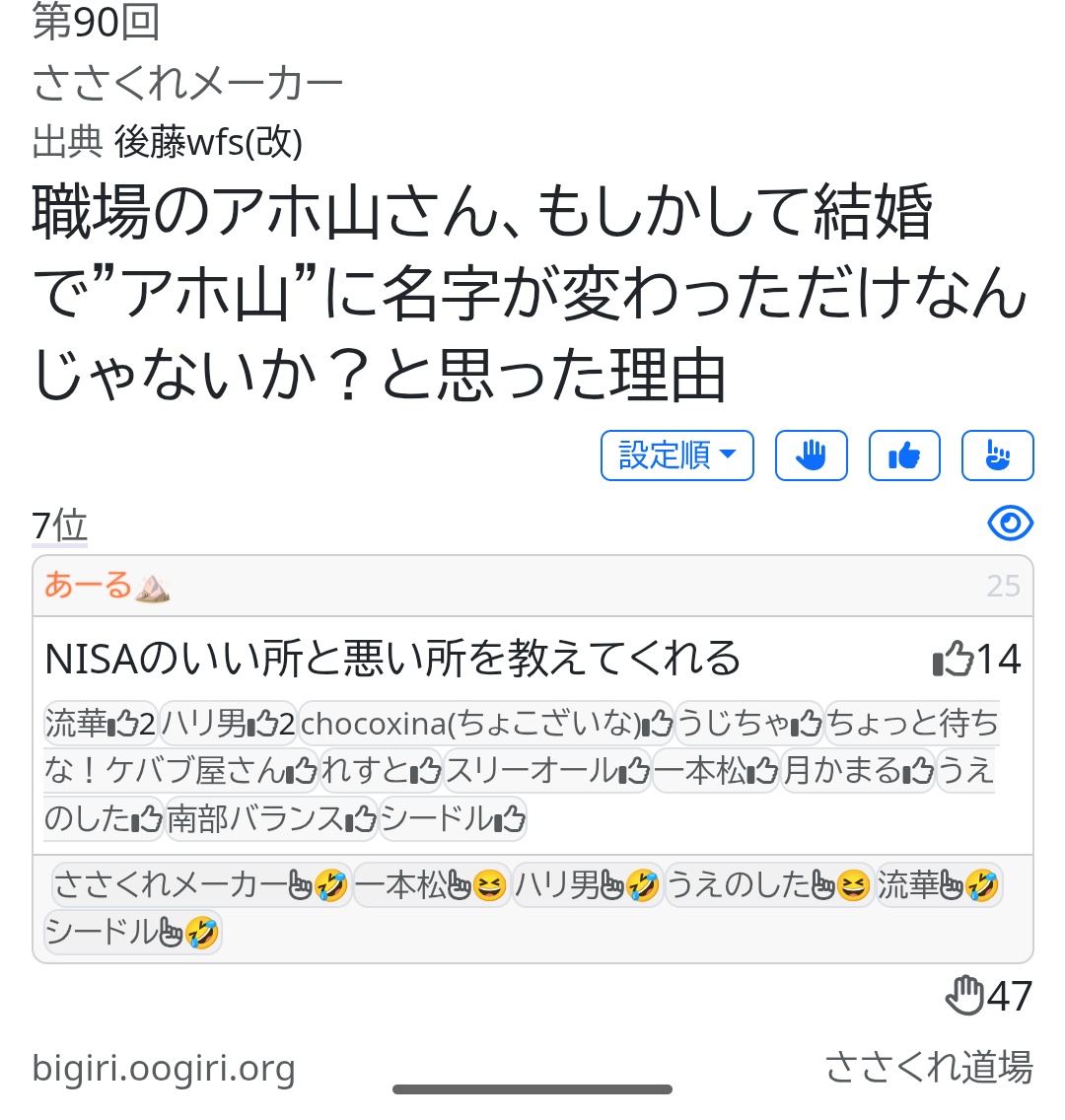 ささくれ道場ありがとうございました〜！
平均順位高めで良い！
変な回答もいい回答もできて良かった！
