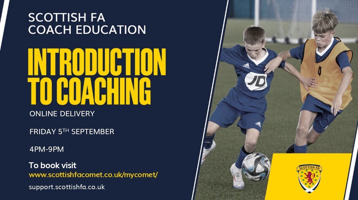 COACH EDUCATION | 

SPACES AVAILABLE 👇

⚽️Introduction to Coaching 
🖥️ Online
📆 Friday 5th September
🕰️ 4pm - 9pm 

Book 👇
scottishfacomet.co.uk/mycomet/

#ScottishFACoachEd