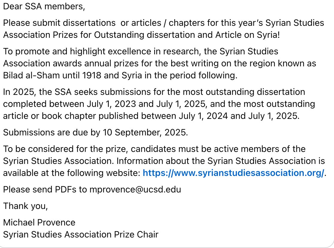 To all who do Syrian studies, please help us spread the word! The <a href="/SyrianStudies/">Syrian Studies Association</a> Association has issued its call for prize nominations! It's dissertations and articles this round!
