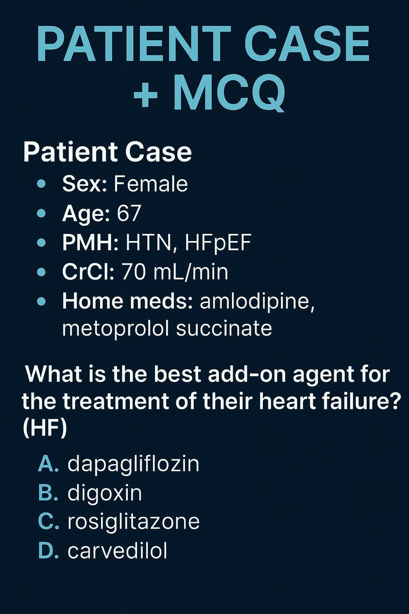 RxTrainee's tweet photo. 💊 Inpatient Pharmacy Mock Case
67-year-old female, HTN, HFpEF, on amlodipine + metoprolol succinate. CrCl: 70 mL/min.

❓Best add-on agent for HFpEF?
A) dapagliflozin
B) digoxin
C) rosiglitazone
D) carvedilol
 
#Pharmacy #ClinicalCases #SSCP #RxTrainee #SSCP25 

@FahdGhzwani https://t.co/cBJCKjkTXB