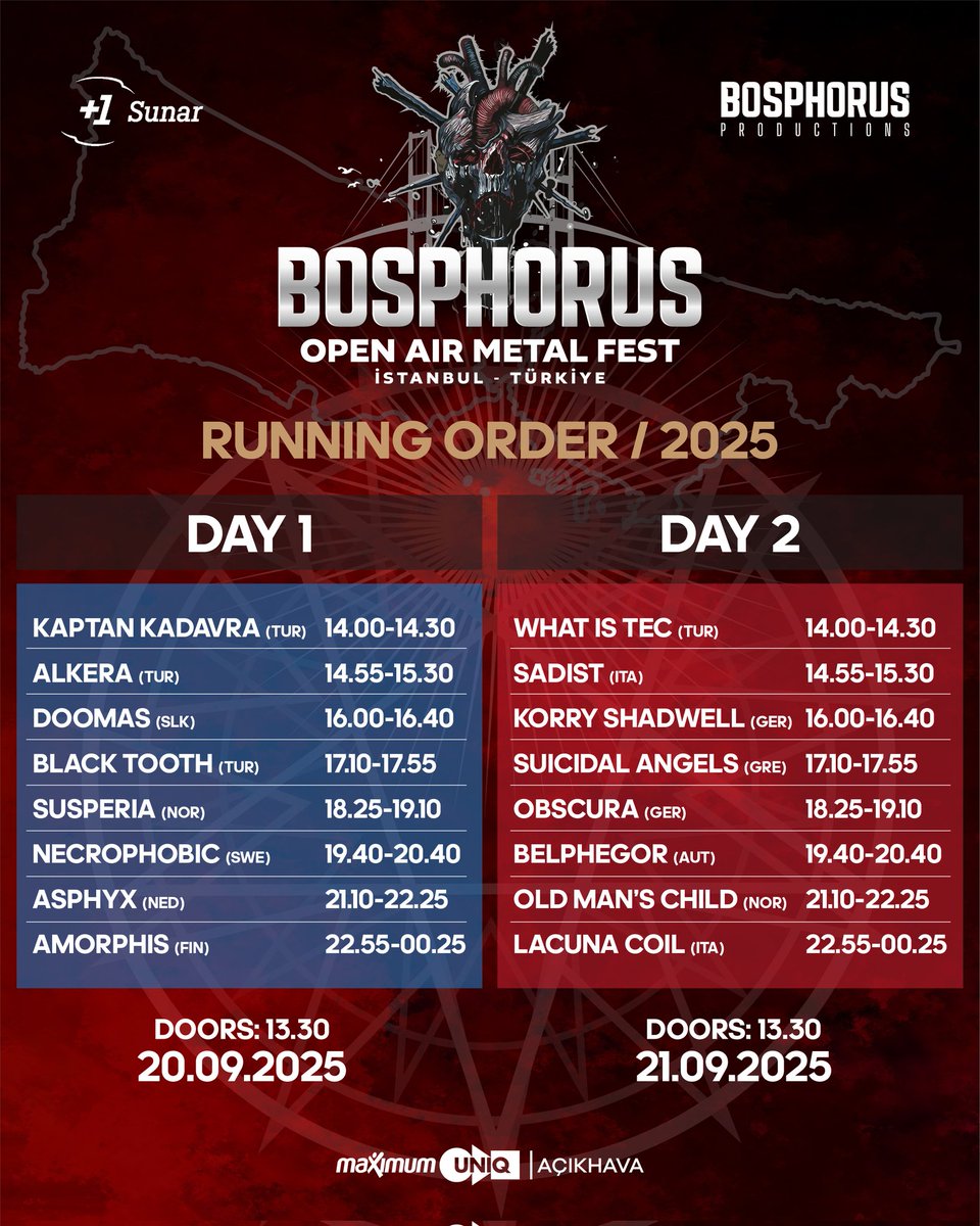 2025 Running Order! 🔥🔥🔥
Sahne saatleri ve sıralamaları belli oldu. 

#runningorder #bosphorusopenairmetalfest