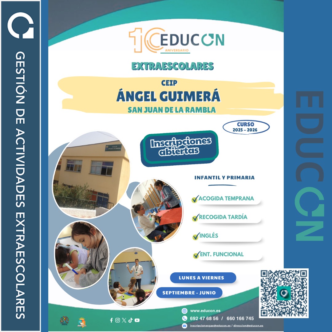 🎉 Este curso apostamos por seguir creciendo con ustedes en el CEIP Ángel Guimerá.
Confía en EDUCON para una experiencia educativa segura, cercana y divertida. 💙
🌐 Inscripciones abiertas ya en: educon.es/inscripciones