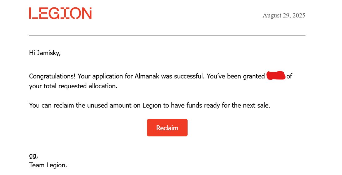 Legion 配额邮件截图（授予金额已涂黑）