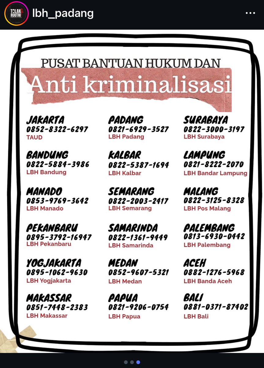 dsuperboy's tweet photo. Kontak bantuan hukum buat teman-teman yang ikut aksi. Sumber info lbh Padang. https://t.co/wBblDuJvVy
