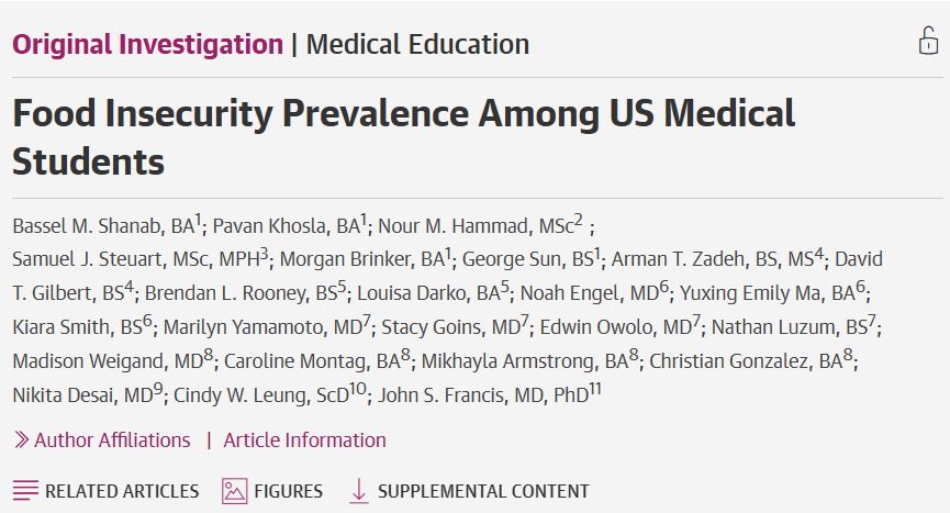 PavanKhosla_'s tweet photo. Over 1 in 5 medical students screened positive for food insecurity - nearly double the U.S. household average of 13.5%.

A pleasure to co-lead w/ @BasselShanab and work w/ an incredible multi-institutional team of student leaders and faculty mentors!
@JAMANetwork @JAMANetworkOpen https://t.co/VG41CnyZKk