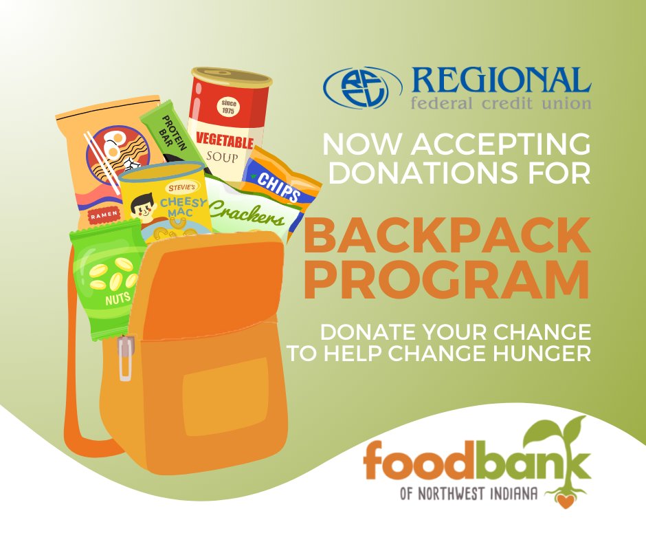 REGIONALFCU's tweet image. Starting today, REGIONAL is accepting monetary donations to help the Food Bank of NWI with their Backpack program, designed to provide children in need with food for the weekend and vacations.

DONATE HERE: paypal.com/paypalme/BUSDo…

#FoodbankofNWI #BackPackProgram #FallFundraiser