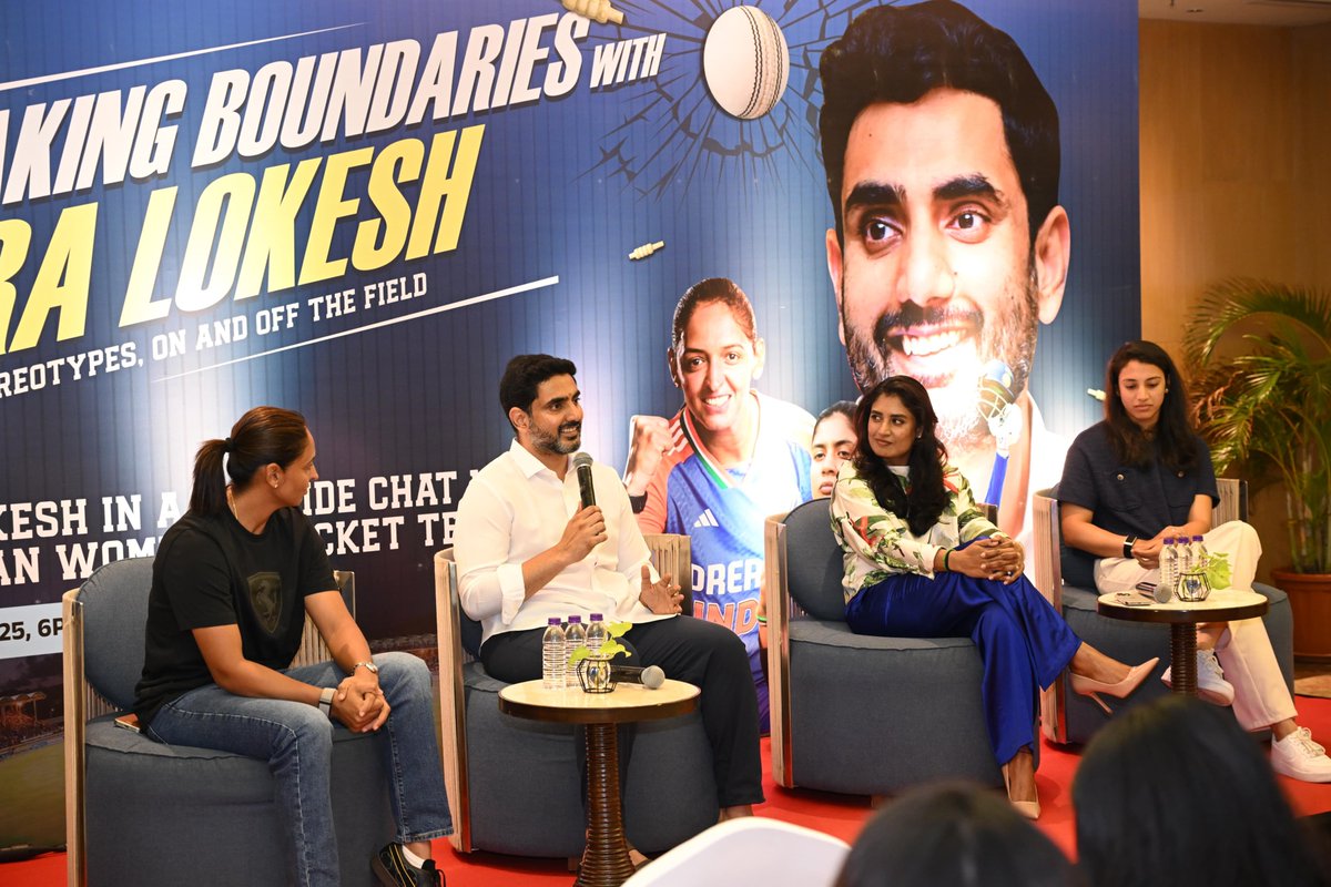 naralokesh's tweet photo. From fanboy to forever admirer after today’s roundtable with India’s women cricketers on ending gender stereotyping. Their stories = fire, focus, and fearlessness. Time to turn applause into action for real equality. 🙌🏏 #WomenInBlue #LevelTheField 
@M_Raj03 @mandhana_smriti @ImHarmanpreet @BCCI