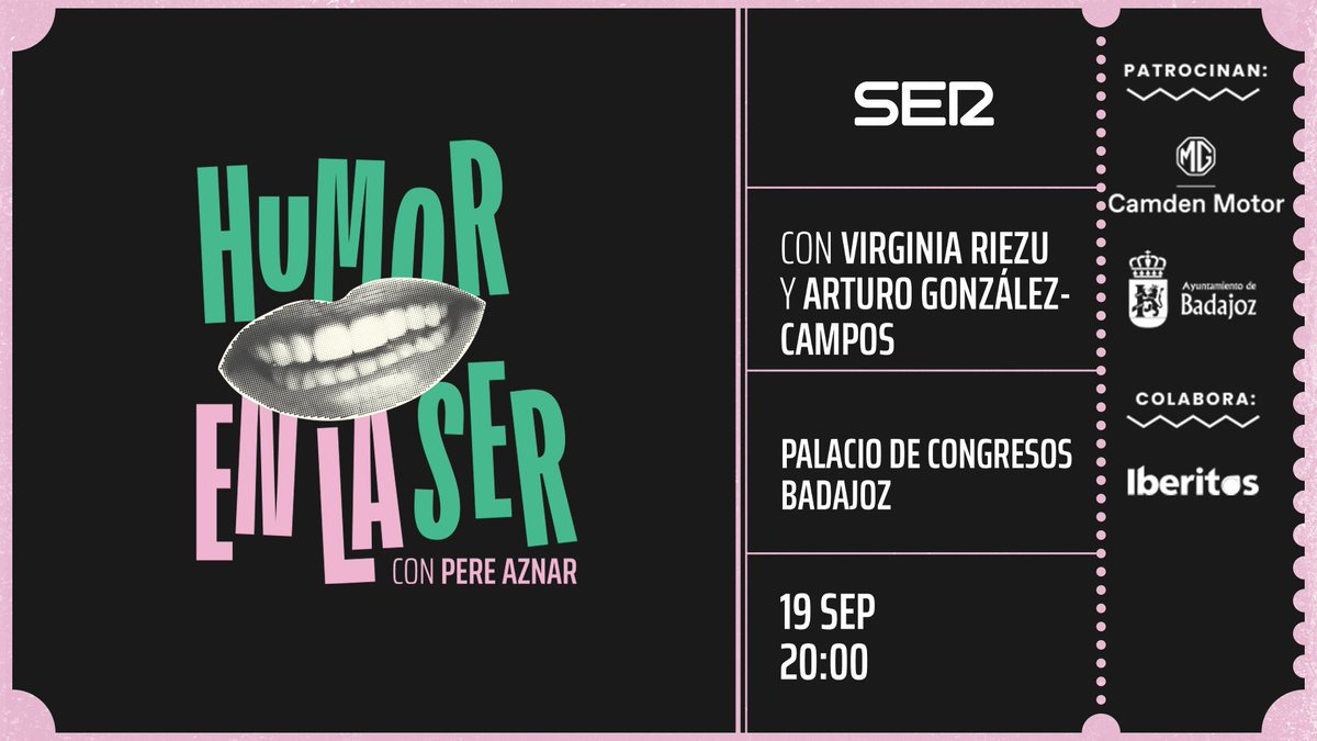 Cadena SER (@la_ser) on Twitter photo 🎭 No te pierdas la llegada de “Humor en la SER” a Badajoz el 19 de septiembre
🎙️ Contaremos con los cómicos <a href="/pere_aznar/">Pere Aznar</a> , <a href="/VirginiaRiezu/">Virginia Riezu</a> y <a href="/ArturoGCampos/">Arturo González-Campos</a>
🎟️ Consigue tus entradas aquí: eventbrite.es/e/entradas-hum… 🎭 No te pierdas la llegada de “Humor en la SER” a Badajoz el 19 de septiembre
🎙️ Contaremos con los cómicos <a href="/pere_aznar/">Pere Aznar</a> , <a href="/VirginiaRiezu/">Virginia Riezu</a> y <a href="/ArturoGCampos/">Arturo González-Campos</a>
🎟️ Consigue tus entradas aquí: eventbrite.es/e/entradas-hum…