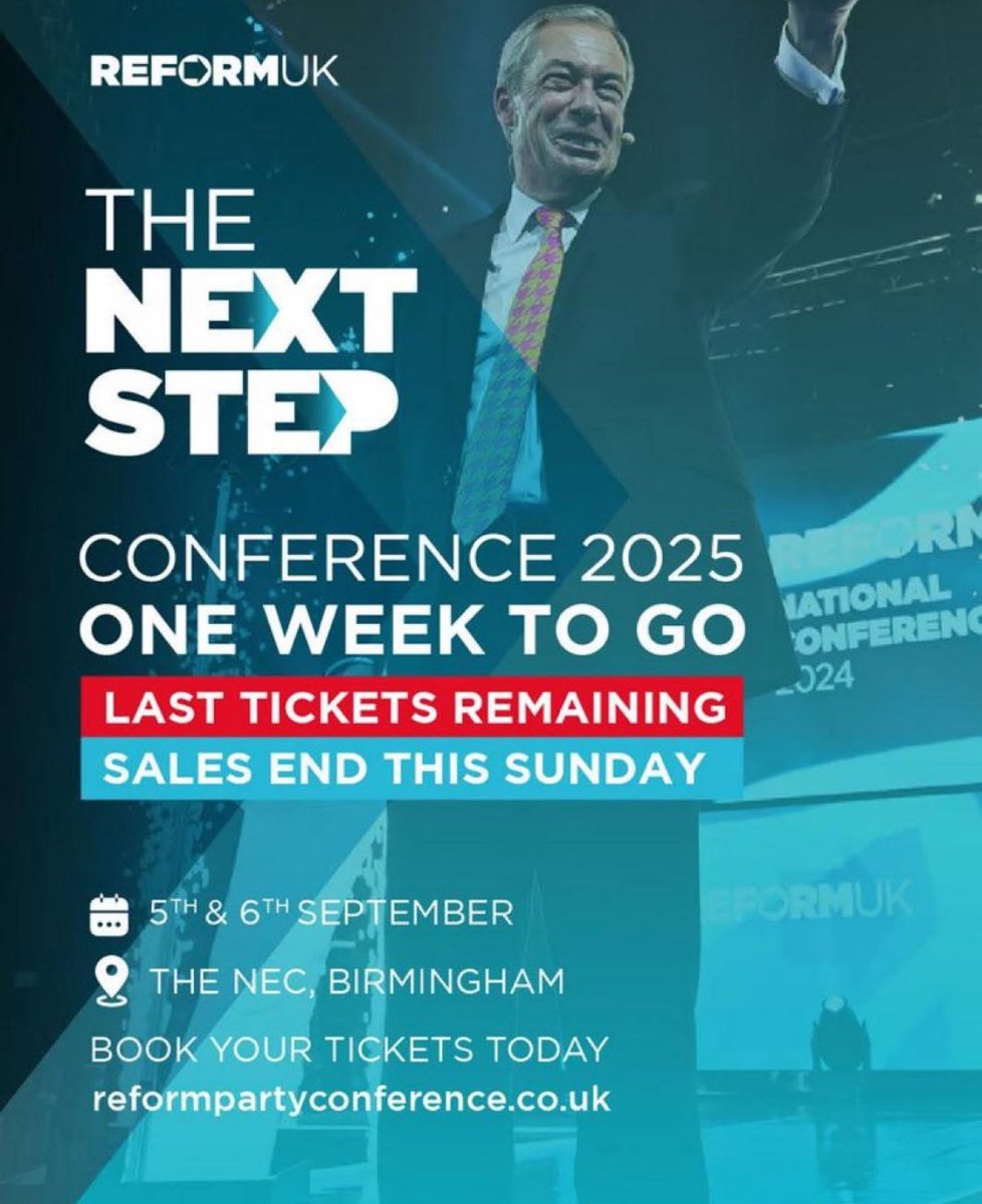 OwainClatworthy's tweet image. History in the making — Reform UK National Conference 2025.

🚨 One week to go!
📍 NEC Birmingham | 5–6 Sept
Don’t miss it — last tickets here ⬇️

🔗 reformpartyconference.co.uk

#ReformUK #NextStep