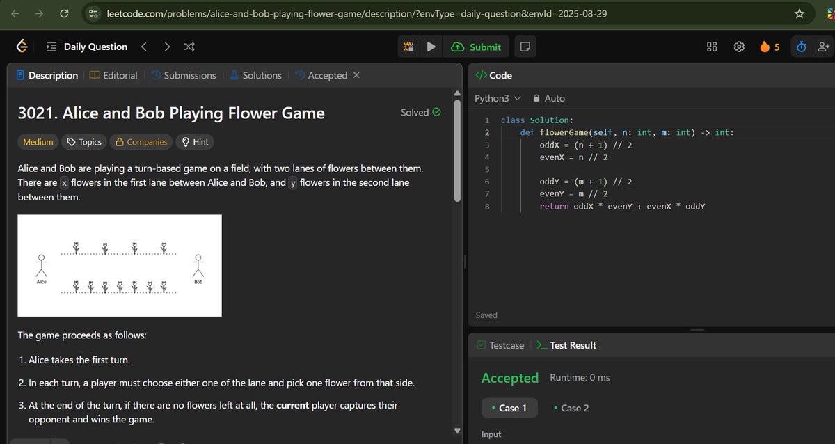 debugingwithsim's tweet image. Day 48/100 #100DaysOfCode 
Solved Leetcode 3021: Alice and Bob playing flower game
Revised Python Basic: Exception handling and file handling
#techtwitter #codingcommunity #Python #learning