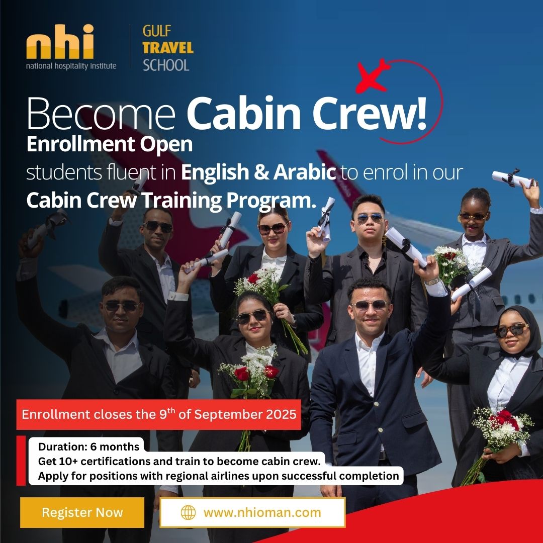 نبحث عن طلاب يتقنون العربية والإنجليزية للالتحاق ببرنامج تدريب مضيفي الطيران (6 أشهر). 🌍✨

✅ احصل على +10 شهادات
✅ اكتسب المهارات والمعرفة لتصبح مضيف طيران محترف
✅ فرصة التقديم لشركات طيران إقليمية بعد التخرج

📩 سجّل الآن وانطلق نحو حلمك! 🚀
98246267 📞