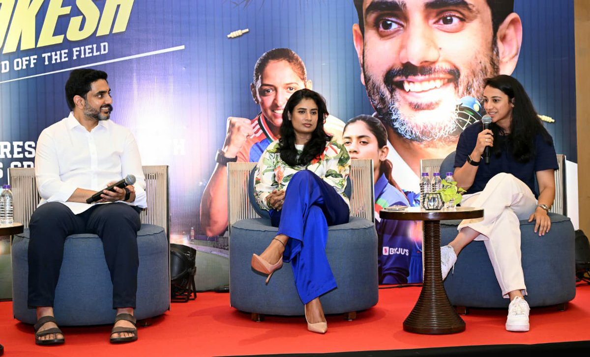 naralokesh's tweet photo. From fanboy to forever admirer after today’s roundtable with India’s women cricketers on ending gender stereotyping. Their stories = fire, focus, and fearlessness. Time to turn applause into action for real equality. 🙌🏏 #WomenInBlue #LevelTheField 
@M_Raj03 @mandhana_smriti @ImHarmanpreet @BCCI