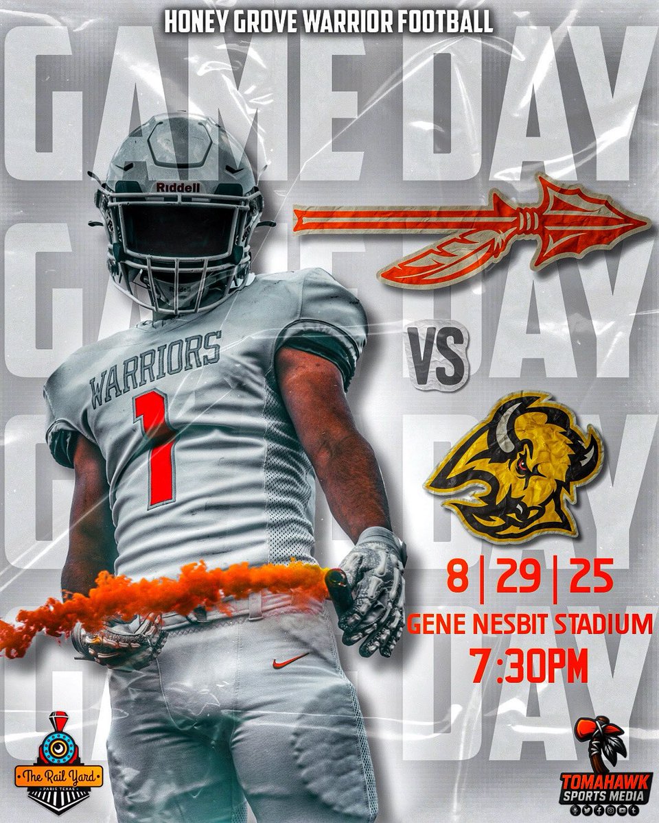 🔥 IT’S GAME DAY 🔥
Presented by The Rail Yard - Paris Texas

🕖 Kickoff: 7:30PM
🆚 Hugo Buffaloes 🦬 
📍 Location: The Rock-Gene Nesbit Stadium

#fnl #thsfb #warriornation #therailyard #redriverbattle #texasfootball