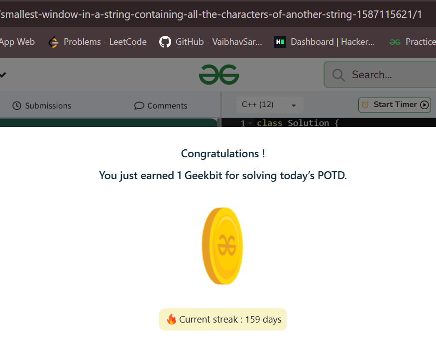 As98Ksj's tweet image. ✅ 159/160  
That's 1 day left in the #gfg160 journey—finish strong, code smarter! 🚀  
Tomorrow's the final push. Let's celebrate every logic perfected!  
@geeksforgeeks #geekstreak2025 #Day159 #CodingChallenge #GodNightFriday #IndianEconomy 
#dhoni