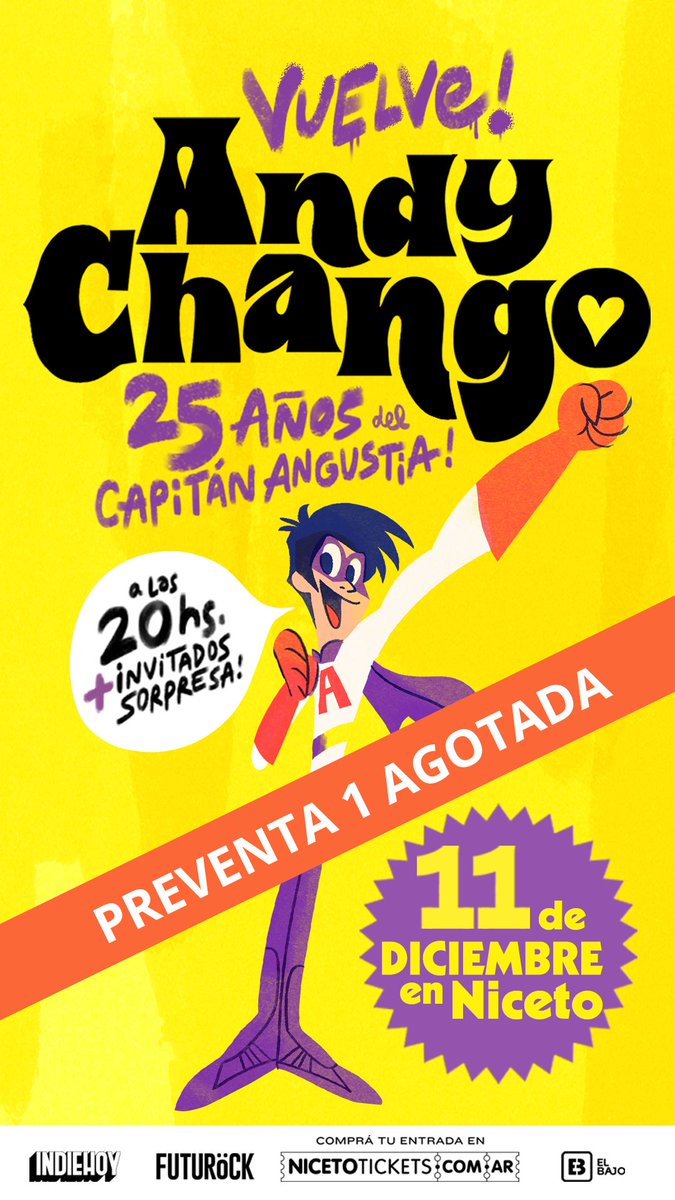 La vuelta de <a href="/ChangoAndy/">Andy Chango</a> a la música me tiene demasiado contento. Será el 11 de diciembre en Niceto, celebrando los 25 años de un DISCAZO. Ya se agotó la preventa 1, entradas disponibles de preventa 2 acá: passline.com/eventos/andy-c…