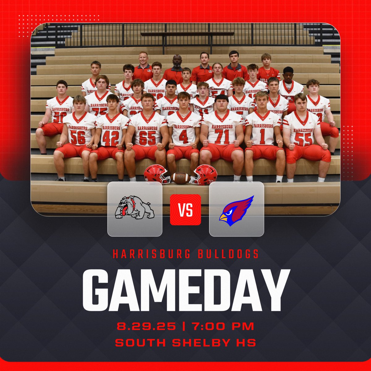 Harrisburg Bulldogs (@harrisburgath) on Twitter photo GAMEDAY!!! #BulldawgPride
Good luck to the Harrisburg Bulldogs tonight in their Week 1 matchup at South Shelby!!! <a href="/HburgBoosters/">Harrisburg Bulldogs Booster Club</a> <a href="/TheSteveCombs/">Steve Combs</a> <a href="/CoachAckman/">Chris Ackman</a> <a href="/b_claas/">Brennan Claas</a> <a href="/MBlakeLogan/">Blake Logan</a> <a href="/Vdebs15/">Vince Debenito</a> <a href="/CentralState8/">Central State 8</a> GAMEDAY!!! #BulldawgPride
Good luck to the Harrisburg Bulldogs tonight in their Week 1 matchup at South Shelby!!! <a href="/HburgBoosters/">Harrisburg Bulldogs Booster Club</a> <a href="/TheSteveCombs/">Steve Combs</a> <a href="/CoachAckman/">Chris Ackman</a> <a href="/b_claas/">Brennan Claas</a> <a href="/MBlakeLogan/">Blake Logan</a> <a href="/Vdebs15/">Vince Debenito</a> <a href="/CentralState8/">Central State 8</a>