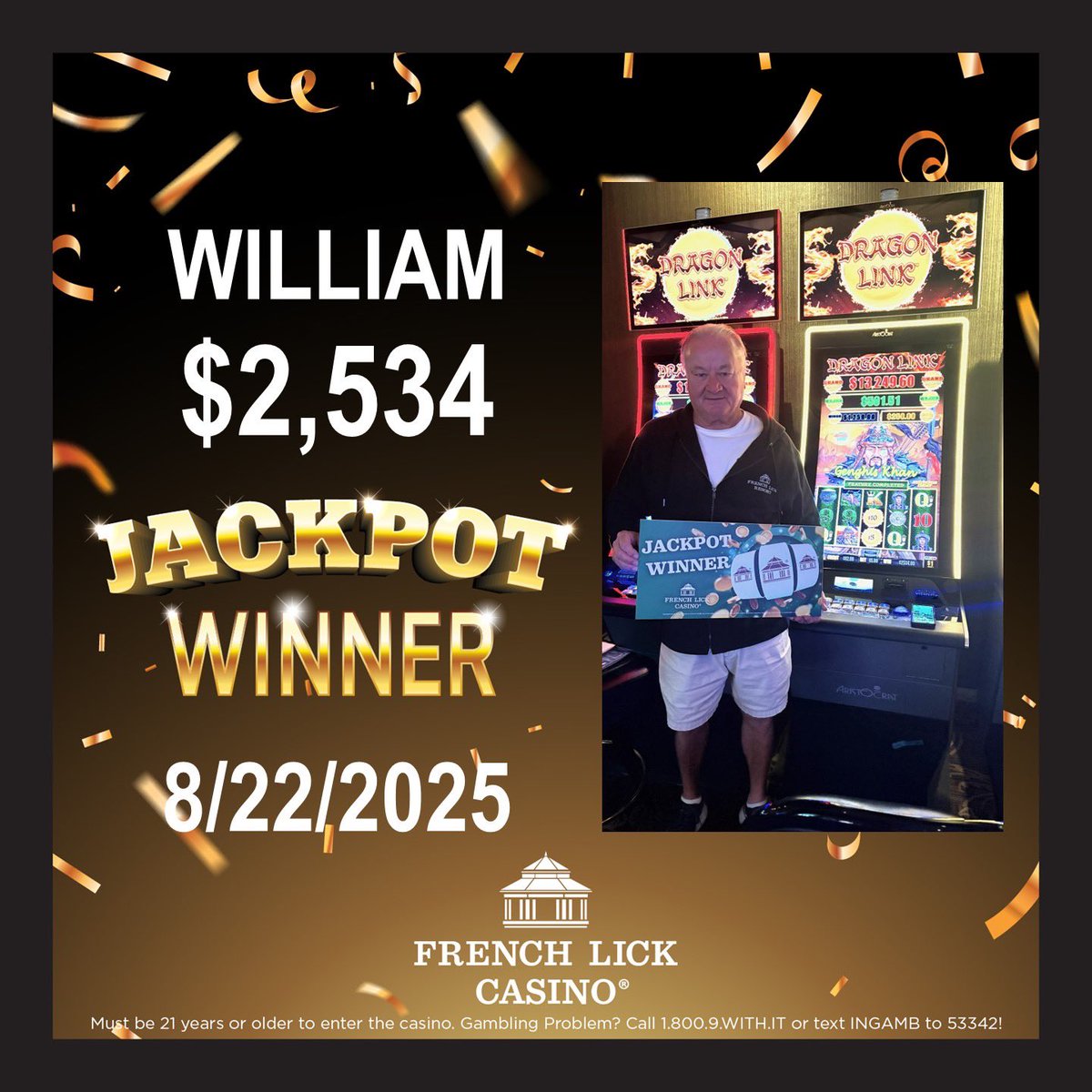 Congratulations to William on this $2,534 jackpot won on a $1 Genghis Khan Dragon Link game.
