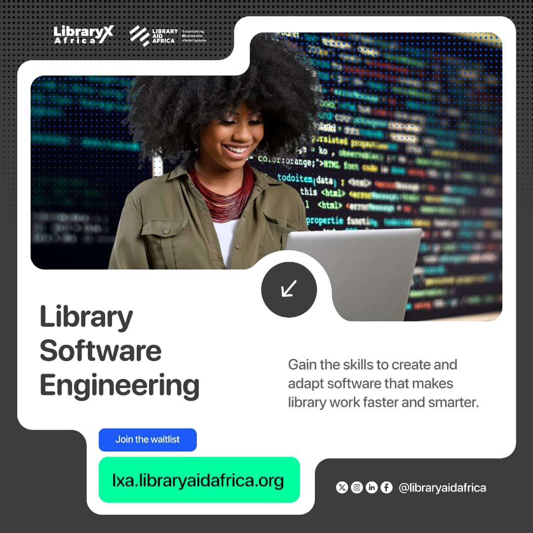 libraryaidafric's tweet photo. LibraryTech = the future of libraries 

Librarians need digital skills to deliver smarter services &amp; reimagine library spaces.

Ready to transform your career? 👉 Join #LibraryXAfrica today: https://t.co/zuphNIJ6Nm

#LibrariansInTech https://t.co/hxCi9WaTAX