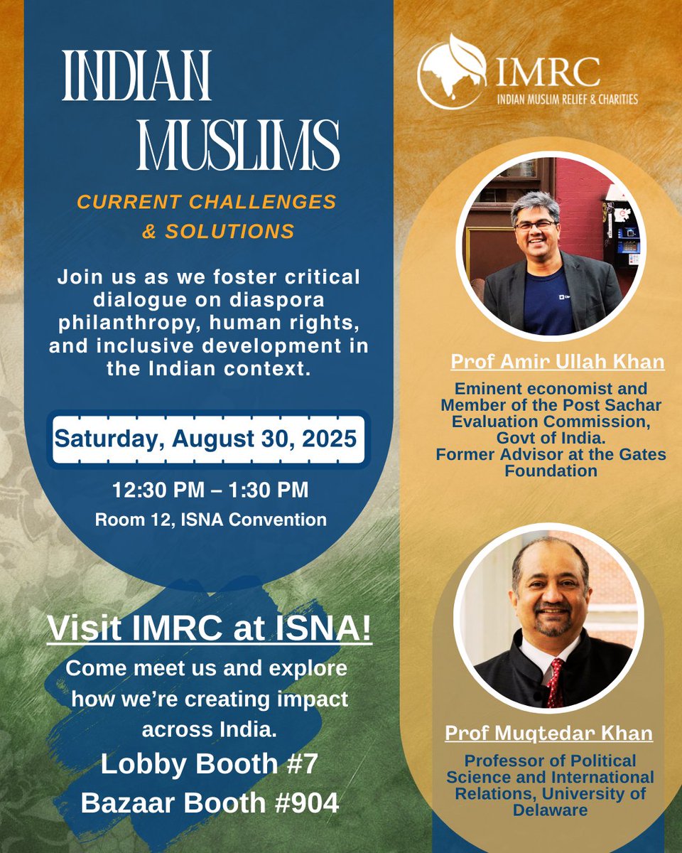 🌍 IMRC at ISNA 2025

Join us for a thought-provoking dialogue on diaspora philanthropy, human rights, and inclusive development for Indian Muslims.

✨ While you’re there, don’t forget to visit us at the IMRC Booths:
➡️ Lobby Booth #7
➡️ Bazaar Booth #904

See you! 💛