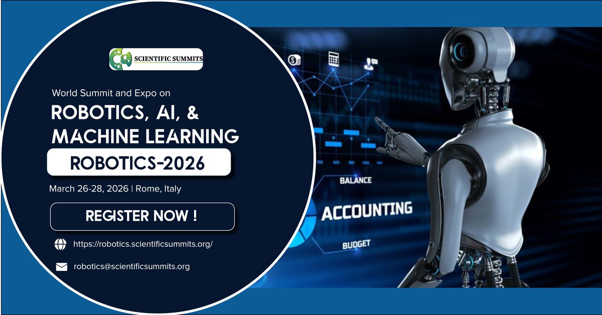 ROBOTICS2026's tweet image. 🚀 Exciting news! #ROBOTICS2026 – World Summit &amp;amp; Expo on Robotics, AI &amp;amp; ML is happening Mar 26–28, 2026 in Rome 🇮🇹.
Meet global experts, explore innovations &amp;amp; join an exclusive tour of Kinegge S.r.l..
🔗 roboticsworldsummit.com

#AI #MachineLearning #Robotics #Innovation
