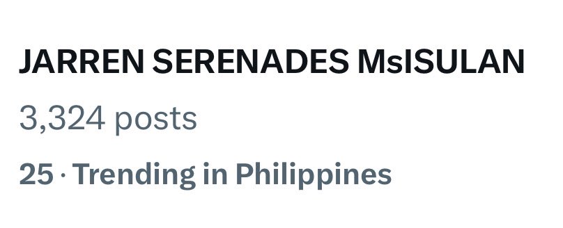 Our tagline is currently spotted at rank twenty-five with over three thousand tweets. Great job, everyone! Let’s continue the momentum and aim for a higher spot with even more tweets. Keep engaging!

JARREN SERENADES MsISULAN