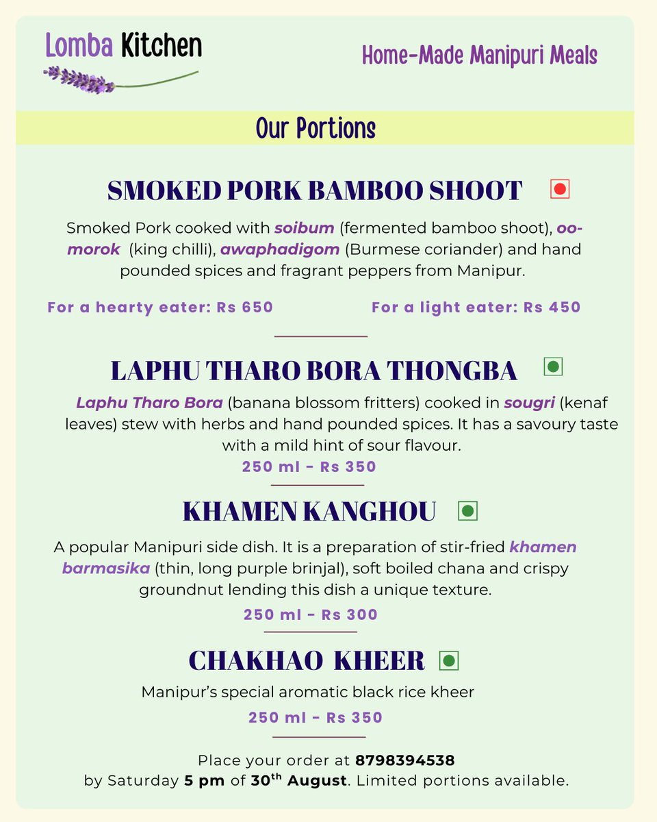 ✨ We  are back with the immortal love story of smoked pork and soibum (bamboo shoot) for those who prefer meat &amp; zesty laphu tharo bora thongba (banana blossom fritters curry) for veg lovers. Both thalis come with 4 other dishes. 

Prebook your Sunday lunch!
📞/💬: 8798394538