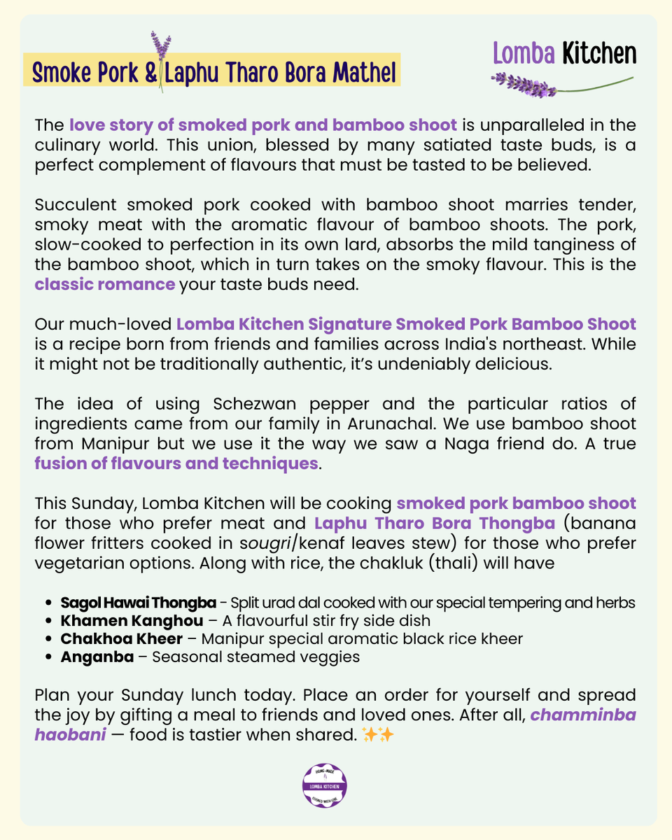 LombaKitchen's tweet photo. ✨ We  are back with the immortal love story of smoked pork and soibum (bamboo shoot) for those who prefer meat &amp; zesty laphu tharo bora thongba (banana blossom fritters curry) for veg lovers. Both thalis come with 4 other dishes. 

Prebook your Sunday lunch!
📞/💬: 8798394538 https://t.co/yUJUQEmrxl