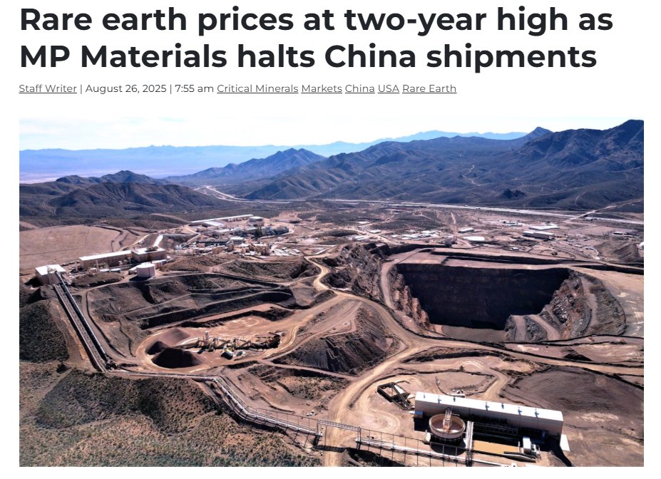 Rare earths hit a 2 year high as US &amp; China tensions grow. MP Materials cut off exports to China, the US is backing local refining at $110/kg, Beijing tightened quotas, and demand for EVs &amp; wind turbines is rising faster than supply

Read here:
mining.com/rare-earth-pri…

#REE