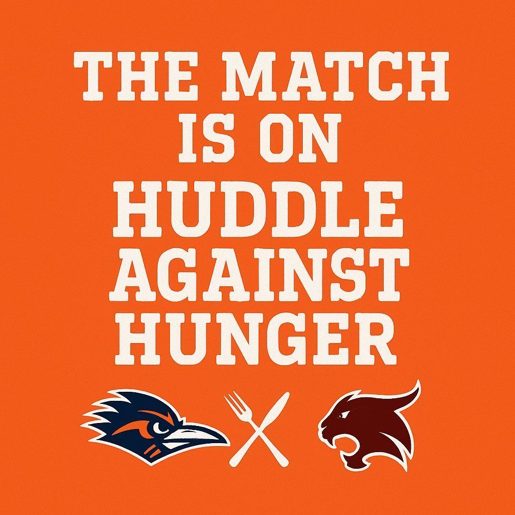 UTSAGiving's tweet photo. Huddle Against Hunger starts now! 🏈🔥 

Last year, UTSA and Texas State raised $86,267,🥫🍽  fueling our campus food pantries. 

Join the Challenge. Make an Impact. 💙🧡 
https://t.co/UXbi0tak2s

#huddleagainsthunger #UTSA https://t.co/HS4bXNjIAf