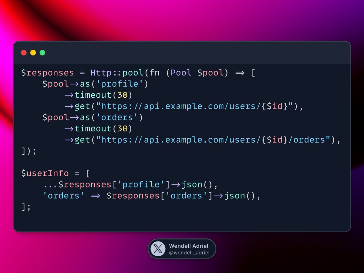 Laravel Tip 🚀

Laravel provides a simple way to kill bottlenecks when we need to call multiple APIs.

With the Http:pool(), we can easily make parallel API calls and merge results. Great for dashboards and “hydrate” patterns.

Check the example to learn how to use it! 🔥