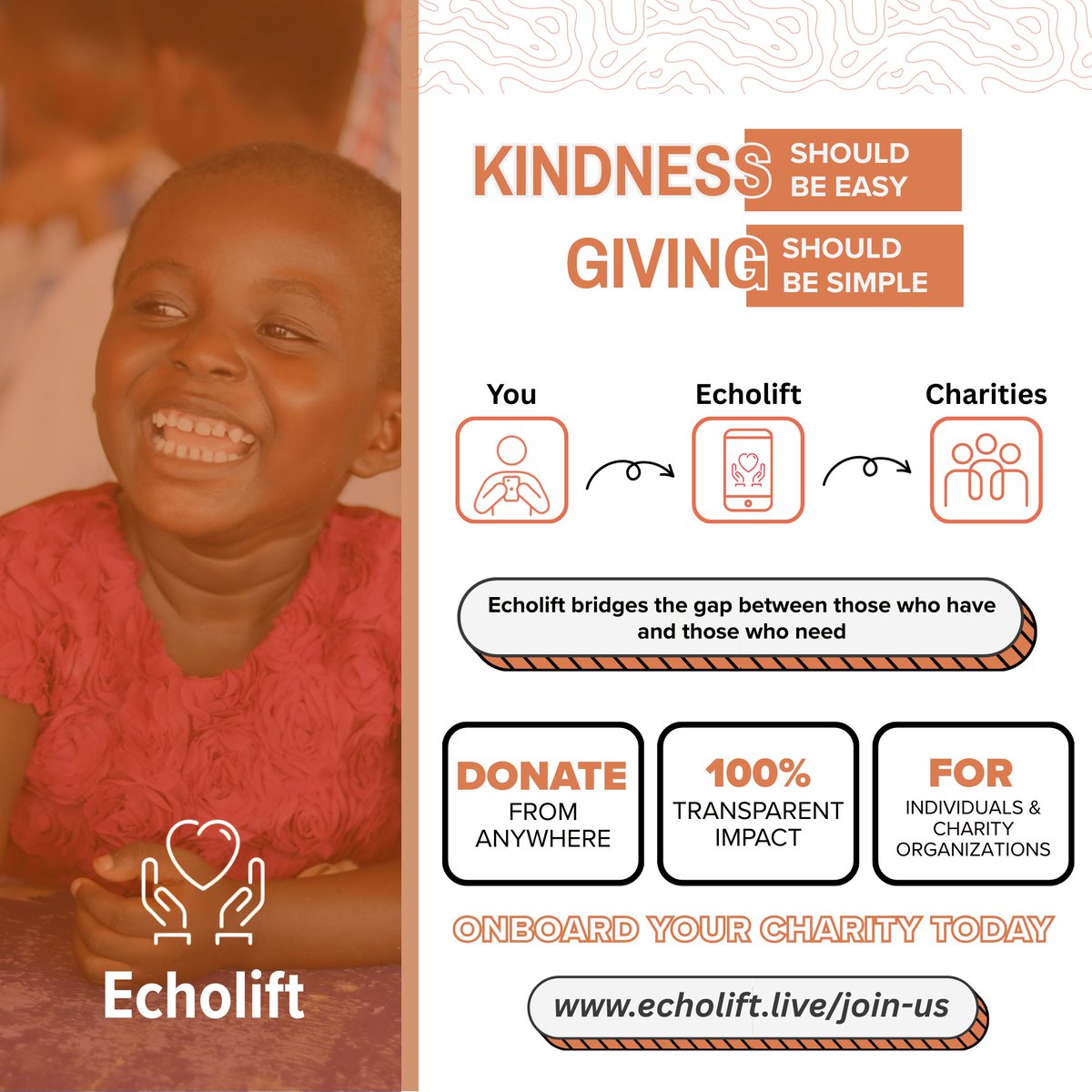 echolift_app's tweet image. Today we launch Echolift, a platform built to transform giving.
Donors seek transparency; Charities seek visibility. Echolift bridges the gap.
Track donations
Verify impact
Amplify kindness
We invite all charities — big &amp;amp; small  to onboard now.
👉echolift.live/join-us
#Impact