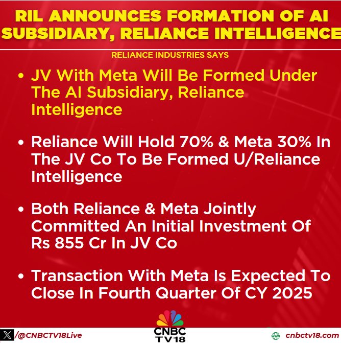PankajRawat1208's tweet image. 🚨 Big announcement by Mukesh Ambani!

Meta 🤝 Reliance Intelligence = the new AI powerhouse.

Reliance (70%) + Meta (30%) → AI for Everyone, Everywhere 🌍

Dosto… 🤗 AI isn’t the future anymore, it’s the present - don’t get left behind! 🚀

#RelianceIntelligence #AI