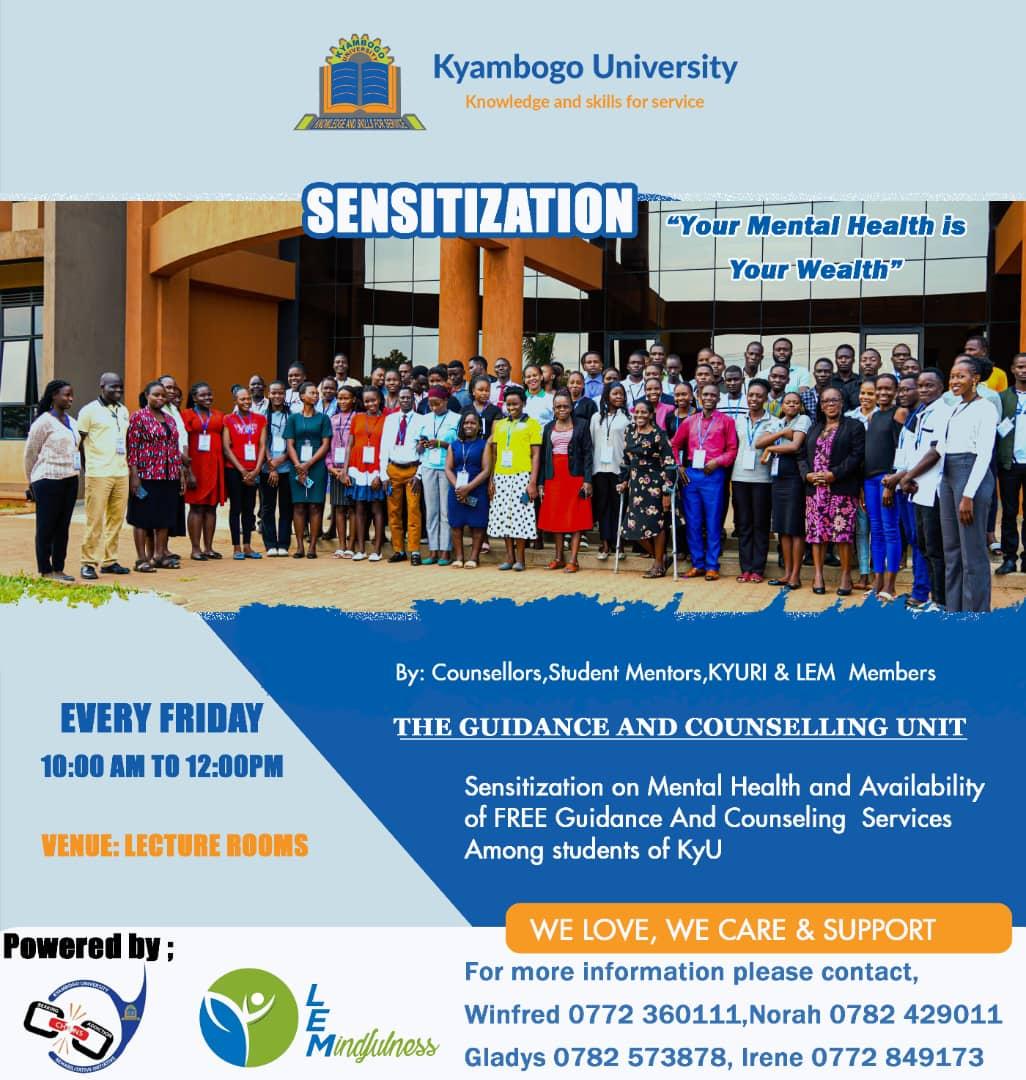 LEM_KyambogoUni's tweet image. #Classroom  #Sensitization 
Every Friday from 10am- 12pm, we participate in #Mental health Sensitization sessions and offer free guidance and counseling for students, facilitated by our dedicated guidance and counseling unit with support from counselors, student mentors, KYURI.