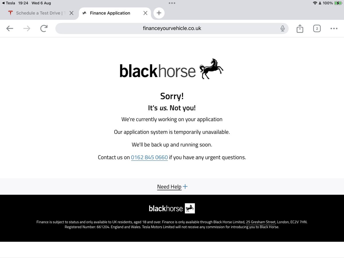 cookiesworld's tweet photo. @Tesla_UK @TeslaOwnersUK Urgent help needed! My Tesla order is stuck on the Black Horse finance screen (‘Sorry! It’s us. Not you!’ error). Tesla support can’t resolve it. Can you reset my app or escalate with Black Horse? Thanks! #TeslaUK #TeslaFinance” https://t.co/EqSH3LWHF6