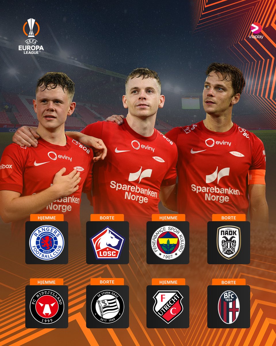 Brann møter Rangers, Lille, Fenerbache, PAOK, Midtjylland, Sturm Graz, Utrecht og Bologna i Europa League 2025/26🔥