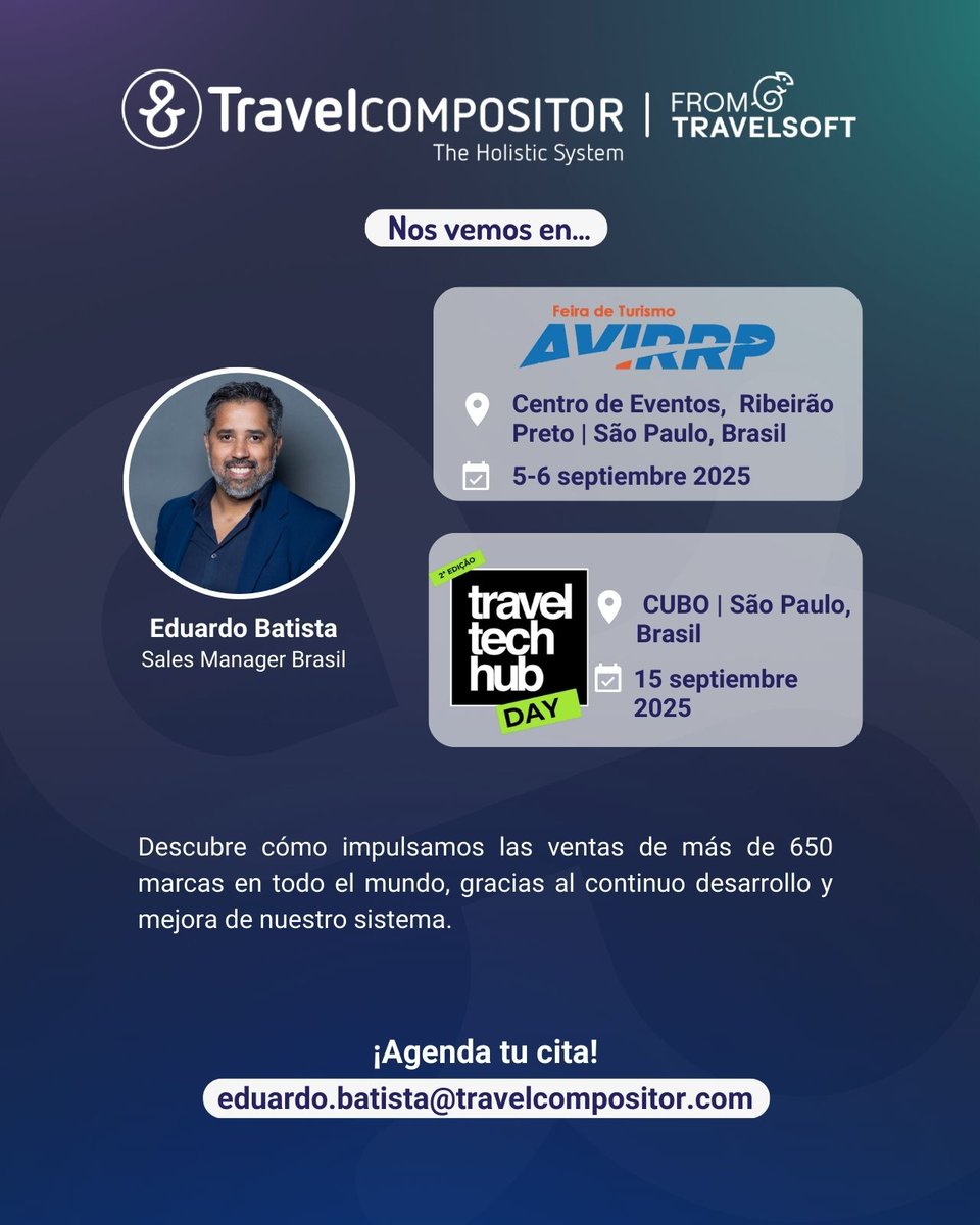 ¿Nos vemos en Brasil? 🌴 

Nuestro Sales Manager Eduardo Batista nos  representará en AVIRRP y en Travel Tech Hub, dos oportunidades perfectas para descubrir cómo nuestra tecnología puede multiplicar tus ventas.

Reserva tu cita!
📩eduardo.batista@travelcompositor.com