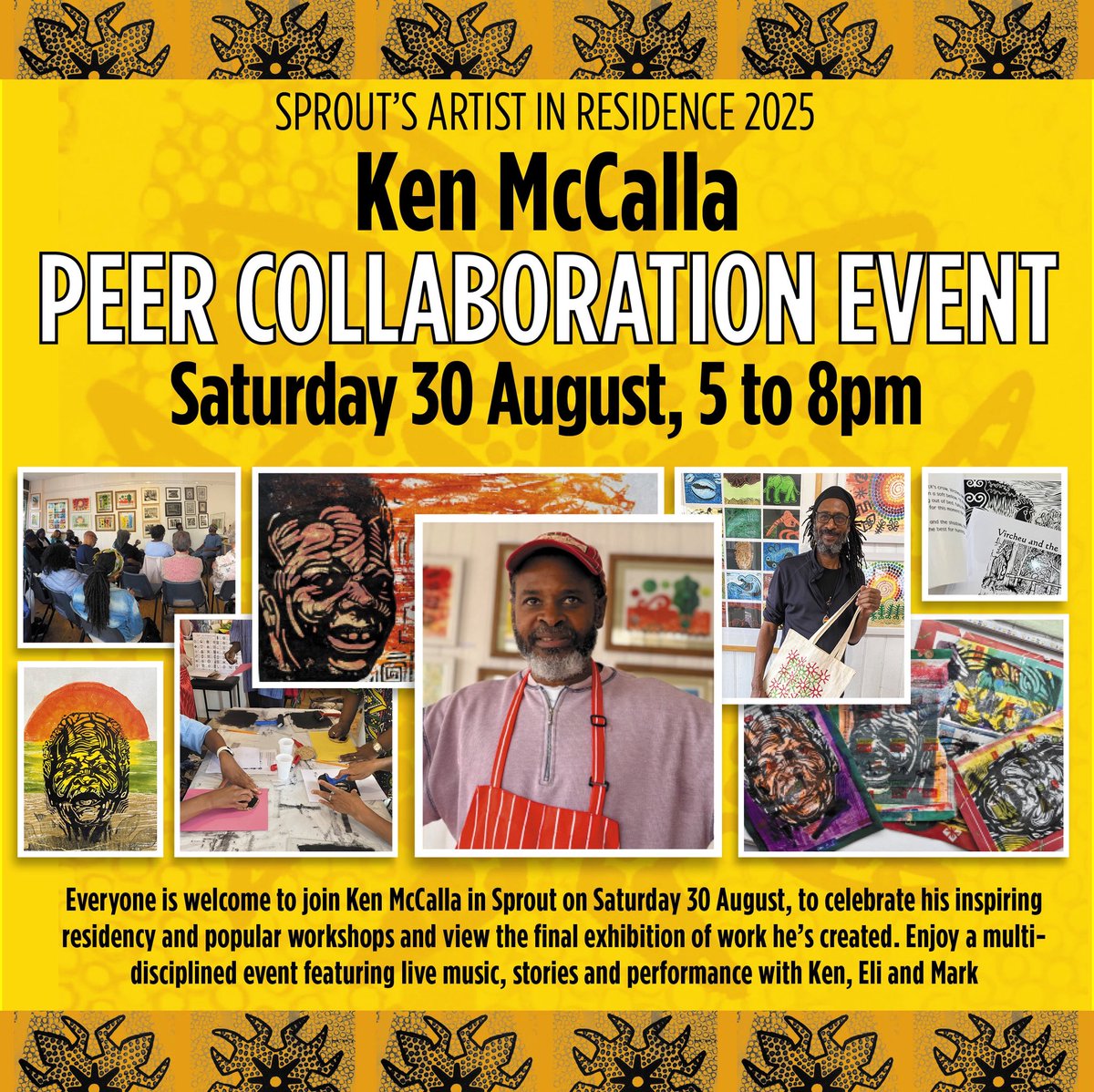 Saturday is the last day of our Artist in Residence Ken McCalla who has run popular workshops &amp; worked on new print artworks throughout August

He’s celebrating with a special free creative event - live music, stories and a show of his work… 5 to 8pm everyone is invited!