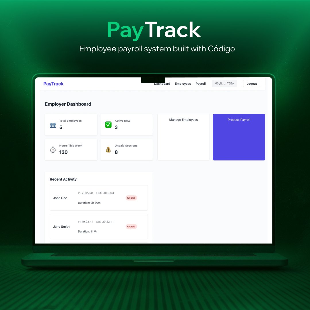 Real Use Case #1

Payroll, but onchain ⚡

PayTrack tracks hours, manages employees and runs payroll from one dashboard

Build in days, not weeks.