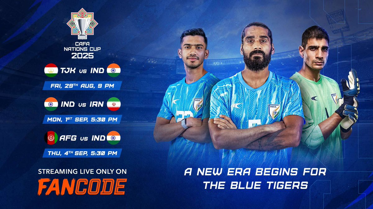 A new era for Indian football begins! 🇮🇳 

The Blue Tigers face Tajikistan with seniors Rahul Bheke, Sandesh Jhingan &amp; Gurpreet Singh Sandhu providing experience, while Ashique Kuruniyan &amp; Lallianzuala Chhangte bring pace and creativity. 

Can India roar back to winning ways? 🐯