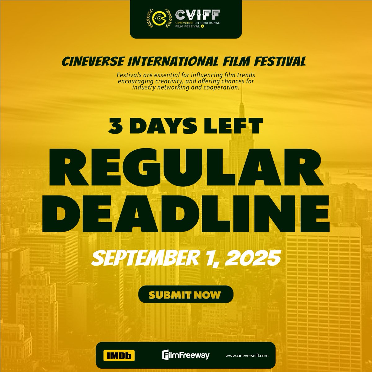 Cineverse_iff's tweet image. 🚨 Filmmakers! The Regular Deadline for Cineverse IFF is just 3 days away 📷Submit your project early and join a global celebration of bold, independent storytelling. 📷📷Let your film take flight with Cineverse!  
#FilmFestival #RegularDeadline