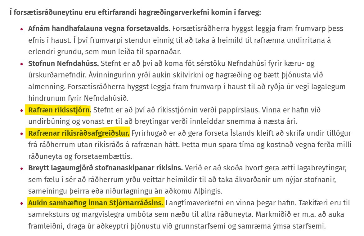 Eftir hálfs árs bið sviptir ríkisstjórnin loks hulunni af fyrstu hagræðingarverkefnunum 

Hver eru efst á blaði? Jú, að gera ríkisstjórnina pappírslausa, að hætta að skutla forseta milli staða til að skrifa undir pappíra og "aukin samhæfing" án skýringa.

Bless fjárlagahalli🥳